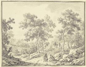 Waldweg, links Durchblick auf ein Gehöft, im Vordergrund eine sitzende Frau mit einer Kiepe und ein 