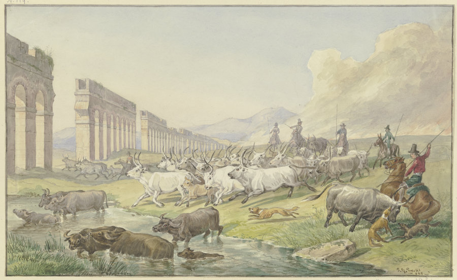 Römische Bauern treiben eine Herde Ochsen und Büffel durchs Wasser von Johann Erdmann Gottlieb Prestel