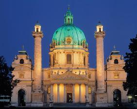 Karlskirche at night, built 1714-37 (photo) 