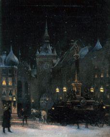 Der Marienplatz in München in einer Winternacht. 1890