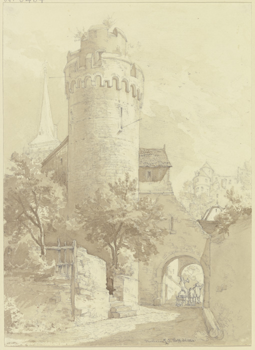 Roter Turm mit Faultor in Wertheim, links der Turm der Stiftskirche St. Marien, rechts im Hintergrun von Johann Friedrich Hoff
