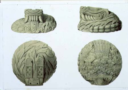 Depiction in stone of the Feathered Serpent God Quetzalcoatl, plate 48 from 'Ancient Monuments of Me von Johann Friedrich Maximilian von Waldeck