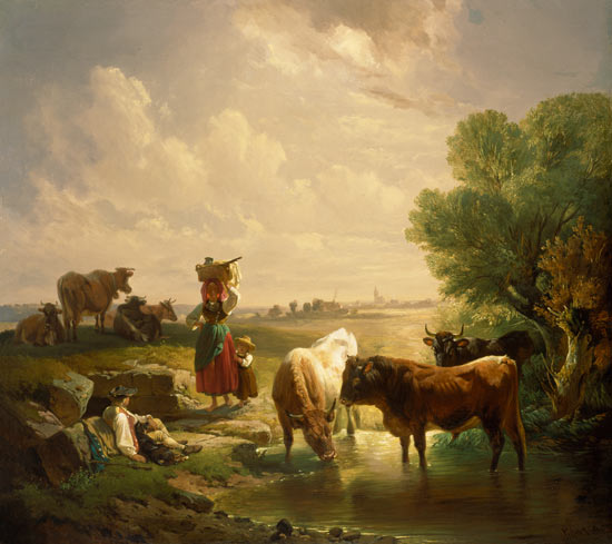 Hirtenfamilie mit Kühen an der Tränke von Johann Friedrich Voltz