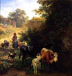 Hirtin mit Herde an der Tränke von Johann Friedrich Voltz