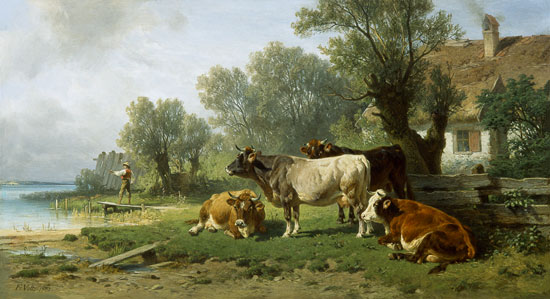 Hüterbub mit Kühen am See-Ufer von Johann Friedrich Voltz