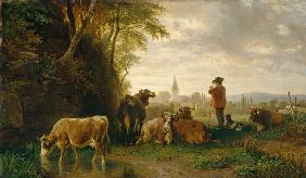 Hirt und Kühe, in der Ferne ein Dorf 1858
