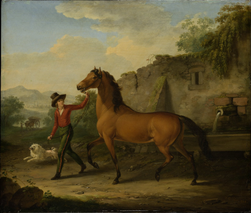 Ein Reitknecht führt einen Hengst von der Tränke fort von Johann Georg Pforr