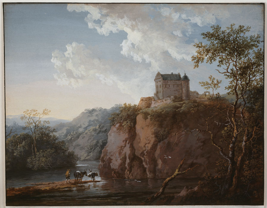 Burg auf einem Felsen über einem Flußtal von Johann Georg Wagner