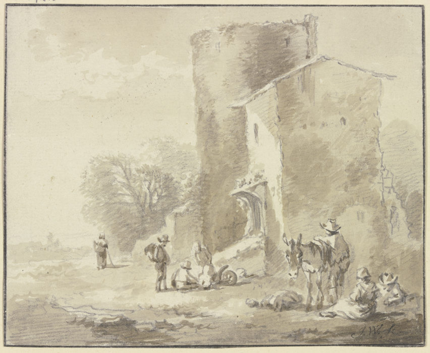 Haus an einem verfallenen Turm und Gruppen von rastenden Figuren von Johann Georg Wagner