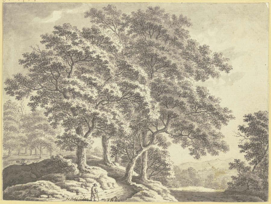 Hügelige Waldlandschaft mit einem Wanderer im Vordergrund von Johann Heinrich Bleuler