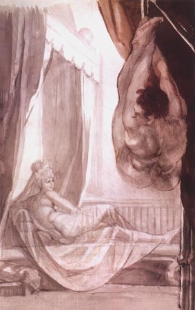 Brunhilde beobachtet den von ihr gefesselt an der Decke aufgehängten Gunther von Johann Heinrich Füssli