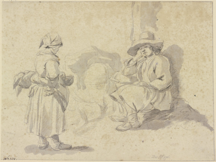 Ein Mann ruht hinter seinem beladenen Esel aus, vor ihm steht ein Mädchen mit einem Korb von Johann Heinrich Roos
