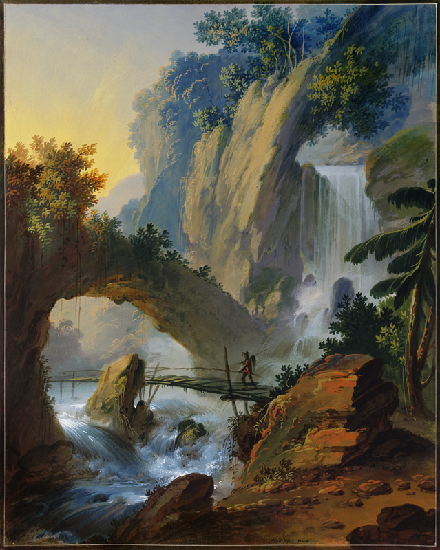 Steg über einen Wasserfall, darüber ein Felsentor von Johann Jakob Schillinger