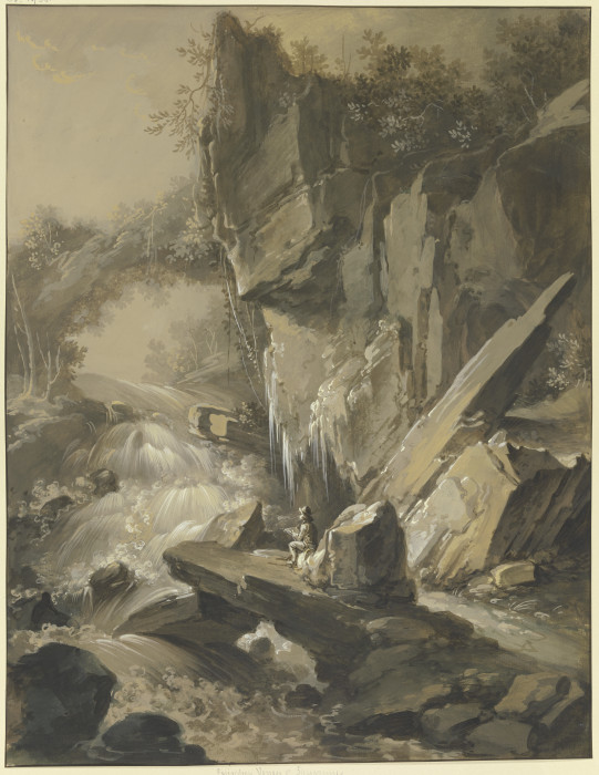 Wasserfall, im Vordergrund ein Maler von Johann Jakob Schillinger
