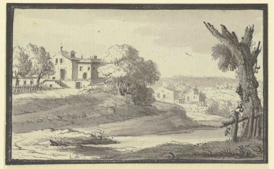 Landschaft mit Häusern auf einem Hügel am Wasser von Johann Ludwig Aberli