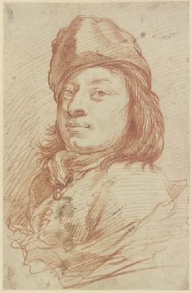 Brustbild eines Mannes mit Mütze und langem Haar im Dreiviertelprofil nach links