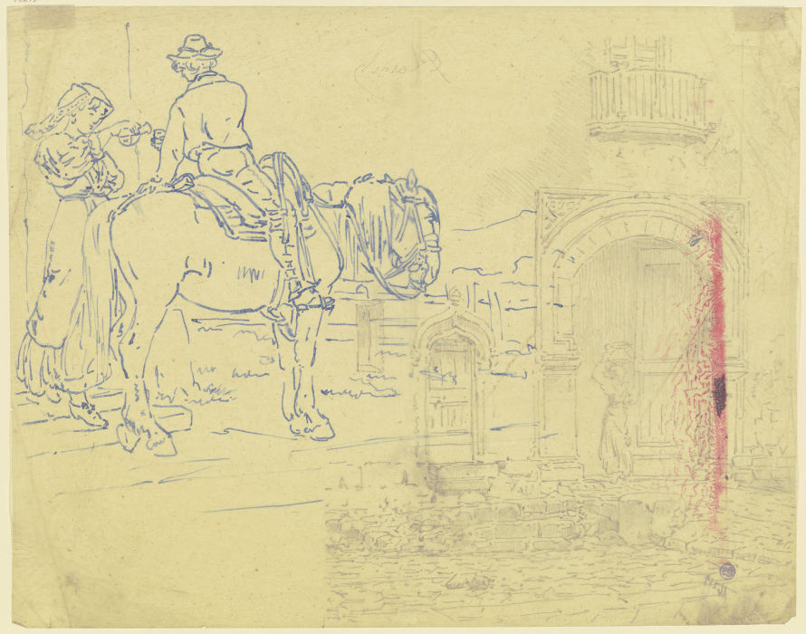 Italienisches Mädchen reicht einem Reiter ein Getränk; Mädchen in einer Tordurchfahrt von Johann Nepomuk Rauch