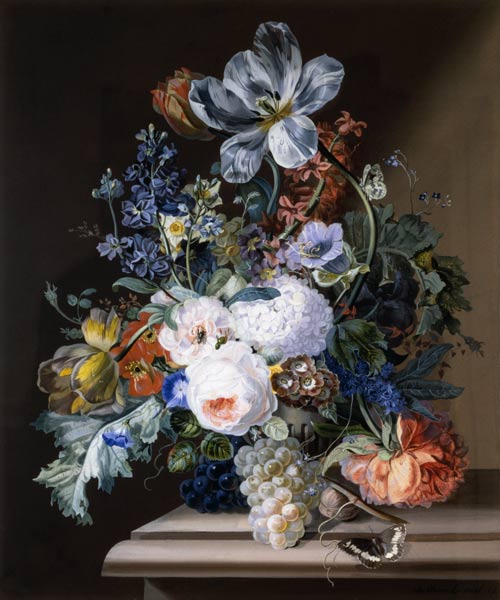Blumenstück mit einem Schmetterling und Trauben von Johann Oberer