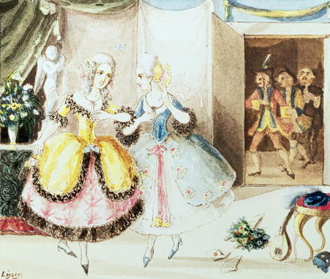 Fiordiligi and Dorabella watched from the doorway by Don Alfonso, Ferrando and Guglielmo, from 'Cosi von Johann Peter Lyser