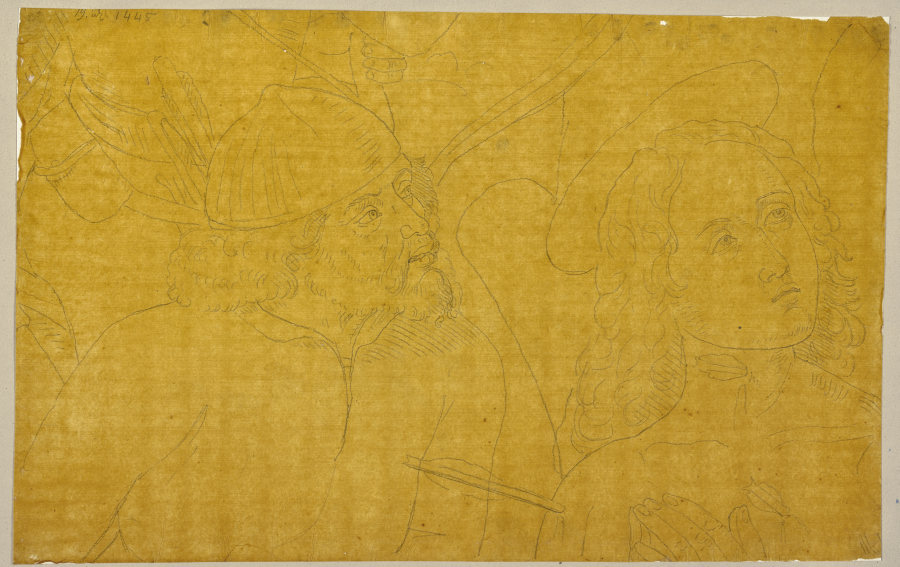 Die Köpfe eines Schergen und des Heiligen Sebastian, Details aus einem Gemälde von Giovanni Santi in von Johann Anton Ramboux