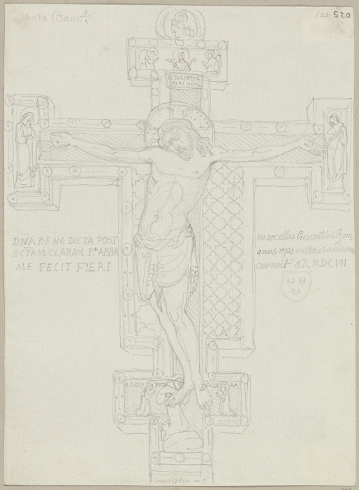 Kruzifix aus Holz aufgehängt im Chor von Santa Chiara zu Assisi, unten knien Franz von Assisi und Kl von Johann Anton Ramboux