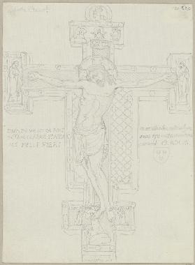 Kruzifix aus Holz aufgehängt im Chor von Santa Chiara zu Assisi, unten knien Franz von Assisi und Kl