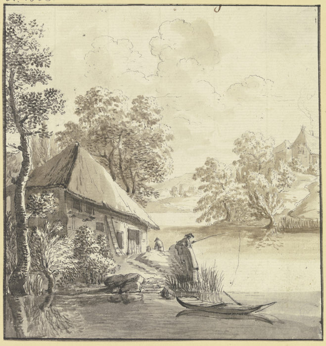Bauernhaus am Wasser, davor ein Angler von Johann Ulrich Schellenberg