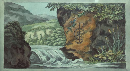 Berglandschaft mit Stromschnelle und Initialen der Empfaengerin des Stammbuches von Johann Wolfgang von Goethe