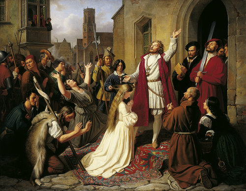 Die Wiedertäufer (Johann van Leyden tauft ein Mädchen) von Johann Carl Baehr (Baer)