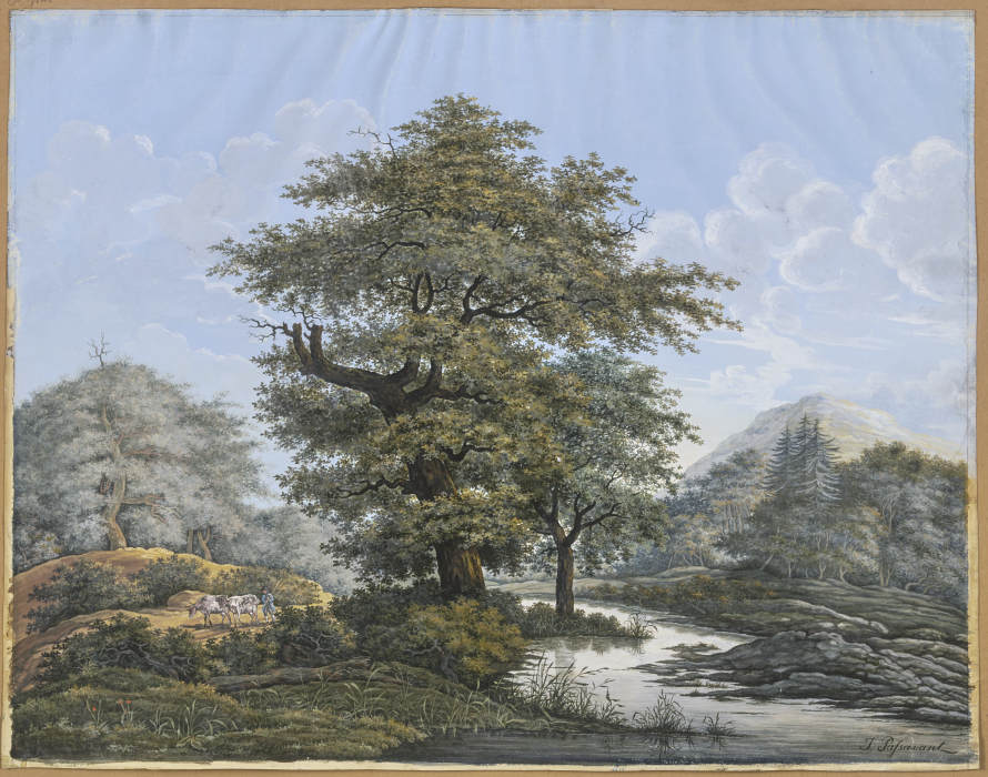 Baumreiche Landschaft, in der Mitte eine Eiche am Ufer eines Flusses von Johann David Passavant