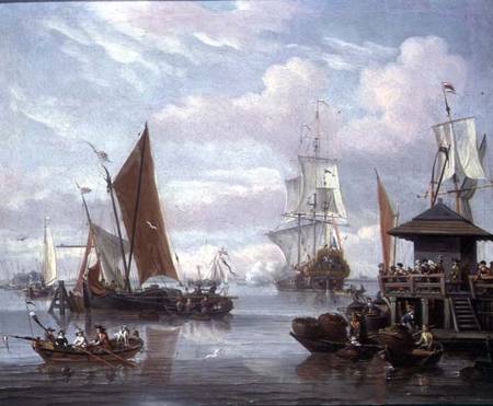 Estuary Scene with Boats and Fisherman von Johannes de Blaauw