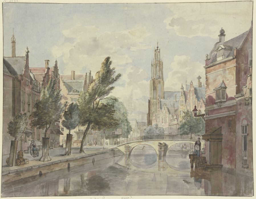 Steinbrücke über einen Kanal, im Hintergrund eine Kathedrale, rechts am Haus eine Laterne von Johannes Huibert Prins