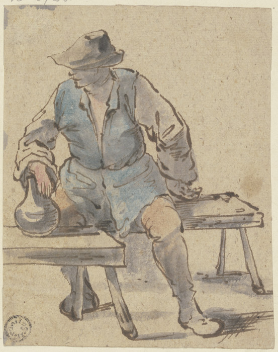 Sitzender Bauer, die Hand auf einen Krug gelegt, der vor ihm auf einer Bank steht von Johannes Lingelbach