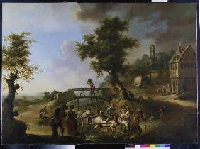 Fahrende Musikanten ziehen in ein Dorf 1772