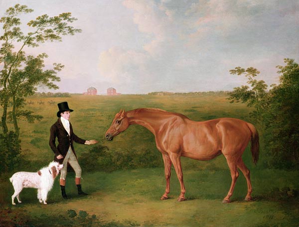 A Gentleman with a White Dog and a Chestnut Mare in a Landscape von John Boultbee