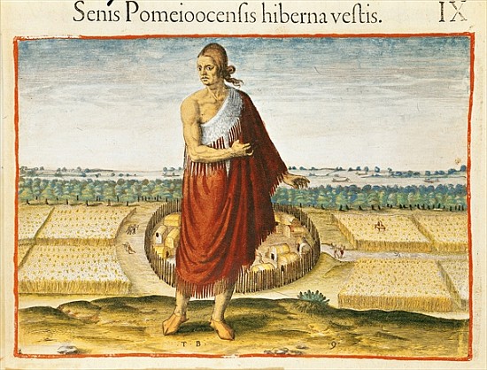 Pomeiooc Elder in a winter garment, from ''Admiranda Narratio'', published  by Theodore de Bry von John Bry Theodore de (1528-98) after White