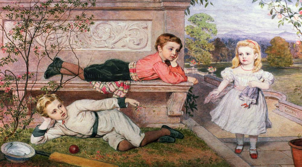The Farrer Children, Gaspard, Henry and Cecilia in the Gardens of a Country House in Berkshire von John Collingham Moore