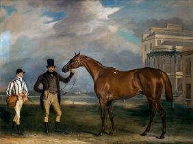 General Chasse, a chestnut racehorse being held by his trainer, with his jockey, J. Holmes standing 1835
