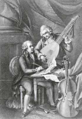 Portrait of Franz Joseph Haydn (1732-1809) and Wolfgang Amadeus Mozart (1756-91) composing music for 17th