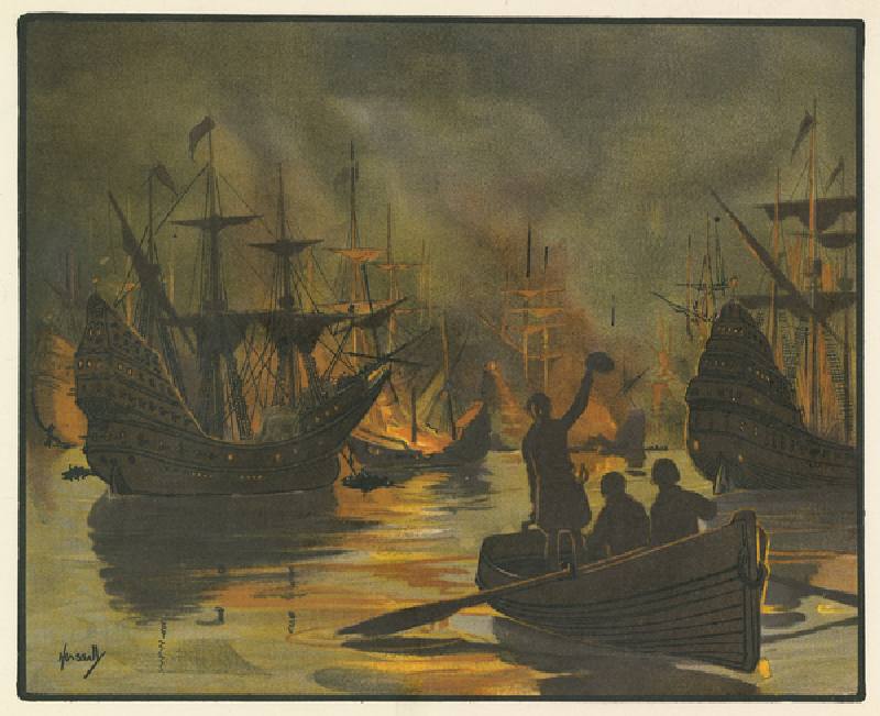 Die unbesiegbare Armada, angegriffen von Feuerwehrschiffen von John Hassall