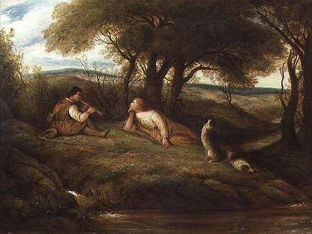 Young Man Playing Music to a Shepherd and his Dogs von John Linnell