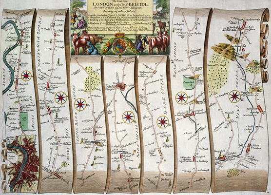Road from London to Bristol, from John Ogilby's 'Britannia', published London, 1675 (hand-coloured e von John Ogilby
