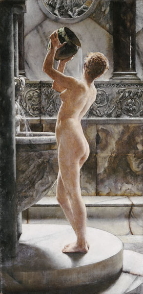 ''The Bath'': Green Pot, Golden Hair; Brown And Grey Marble von John Reinhard Weguelin