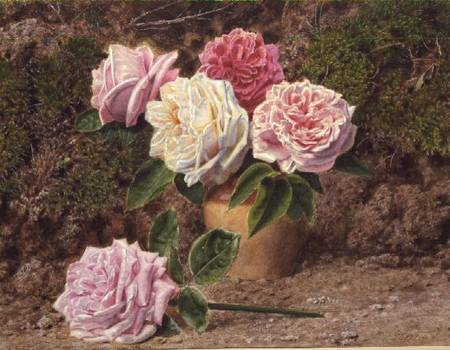 Roses in an Earthenware Vase by a Mossy Bank von John Sherrin