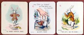 Three 'Happy Family' cards depicting characters from 'Alice in Wonderland' by Lewis Carroll (1832-98 1849