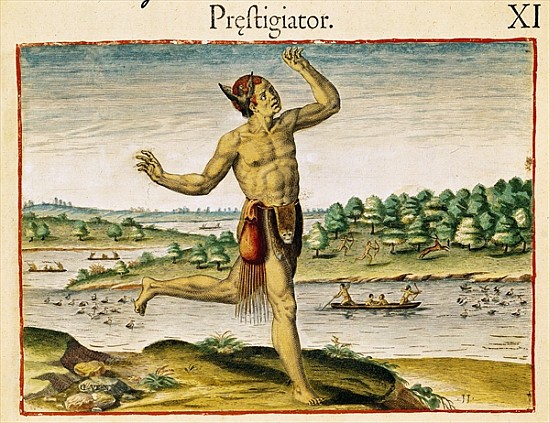 A Magician from Virginia, from ''Admiranda Narratio...'' published von John Theodre de BryBry Theodore de (1528-98) after White