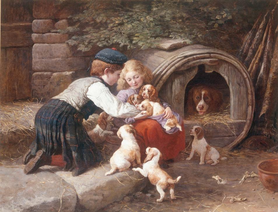 Playing with the Puppies von John William Bottomley
