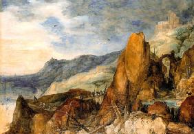 Berglandschaft mit geknickten Tannenstaemmen im Strome 1598