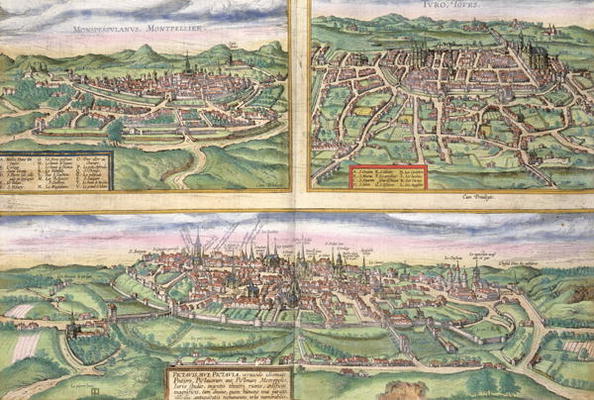 Map of Montpellier, Tours, and Poitiers, from 'Civitates Orbis Terrarum' by Georg Braun (1541-1622) von Joris Hoefnagel