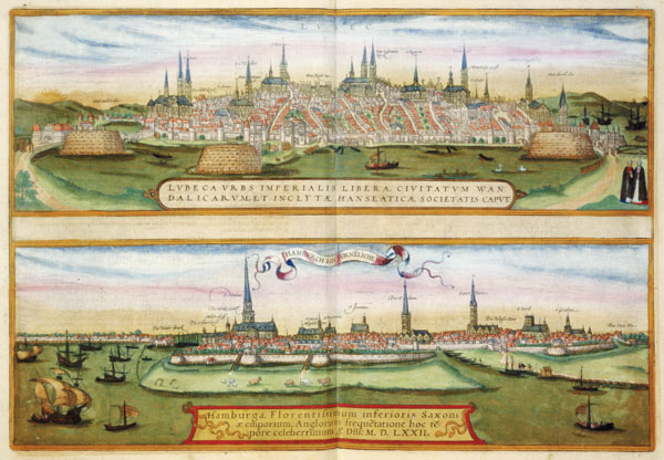 Map of Lubeck and Hamburg, from 'Civitates Orbis Terrarum' by Georg Braun (1541-1622) and Frans Hoge von Joris Hoefnagel